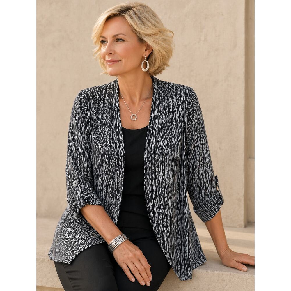 Chico’s Open Front Jacket Size XL Black White Lightweight 3/4 Sleeve Blazer